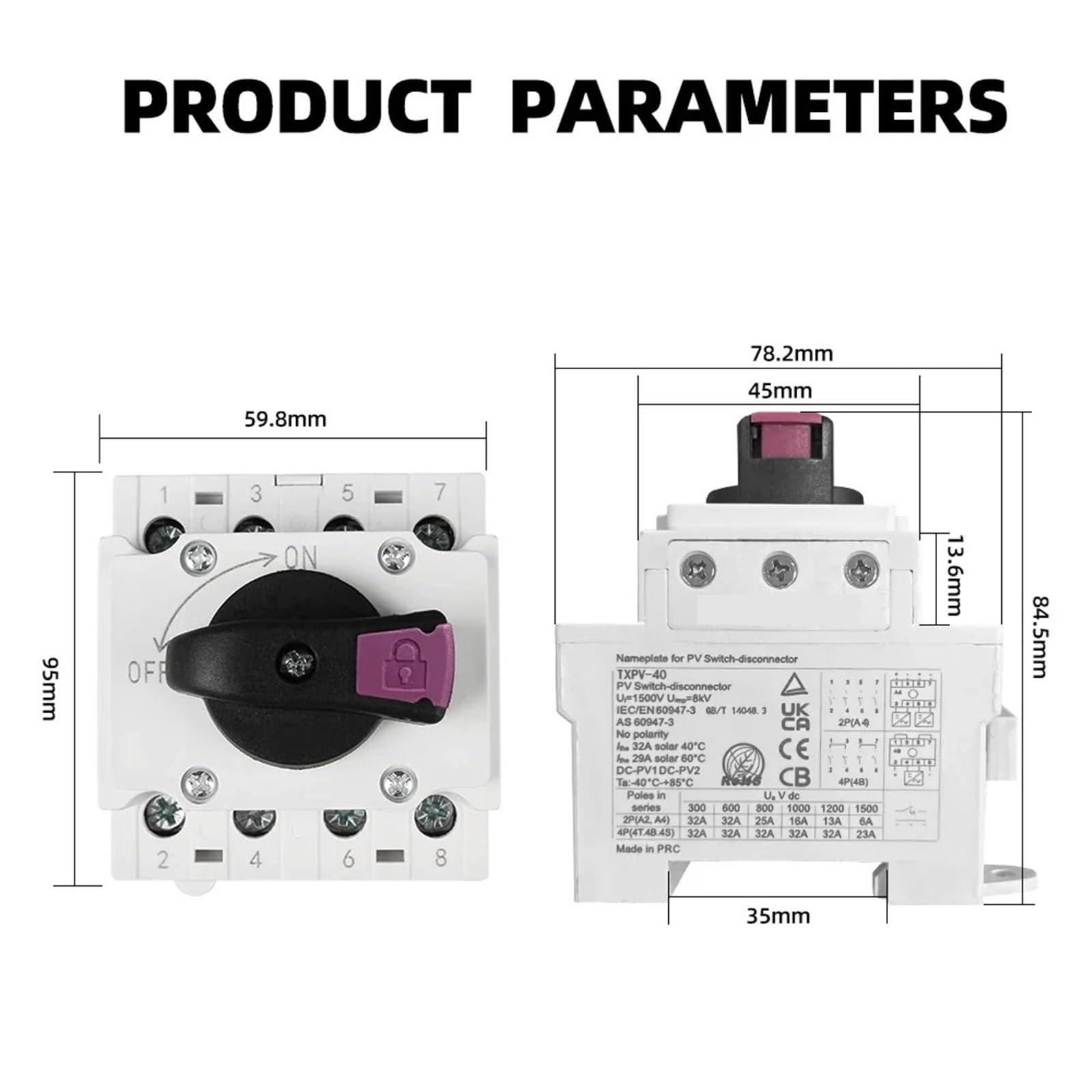Interruttore sezionatore rotante fotovoltaico solare fotovoltaico DC 1200V 32A con maniglia rotante, guida DIN 4P