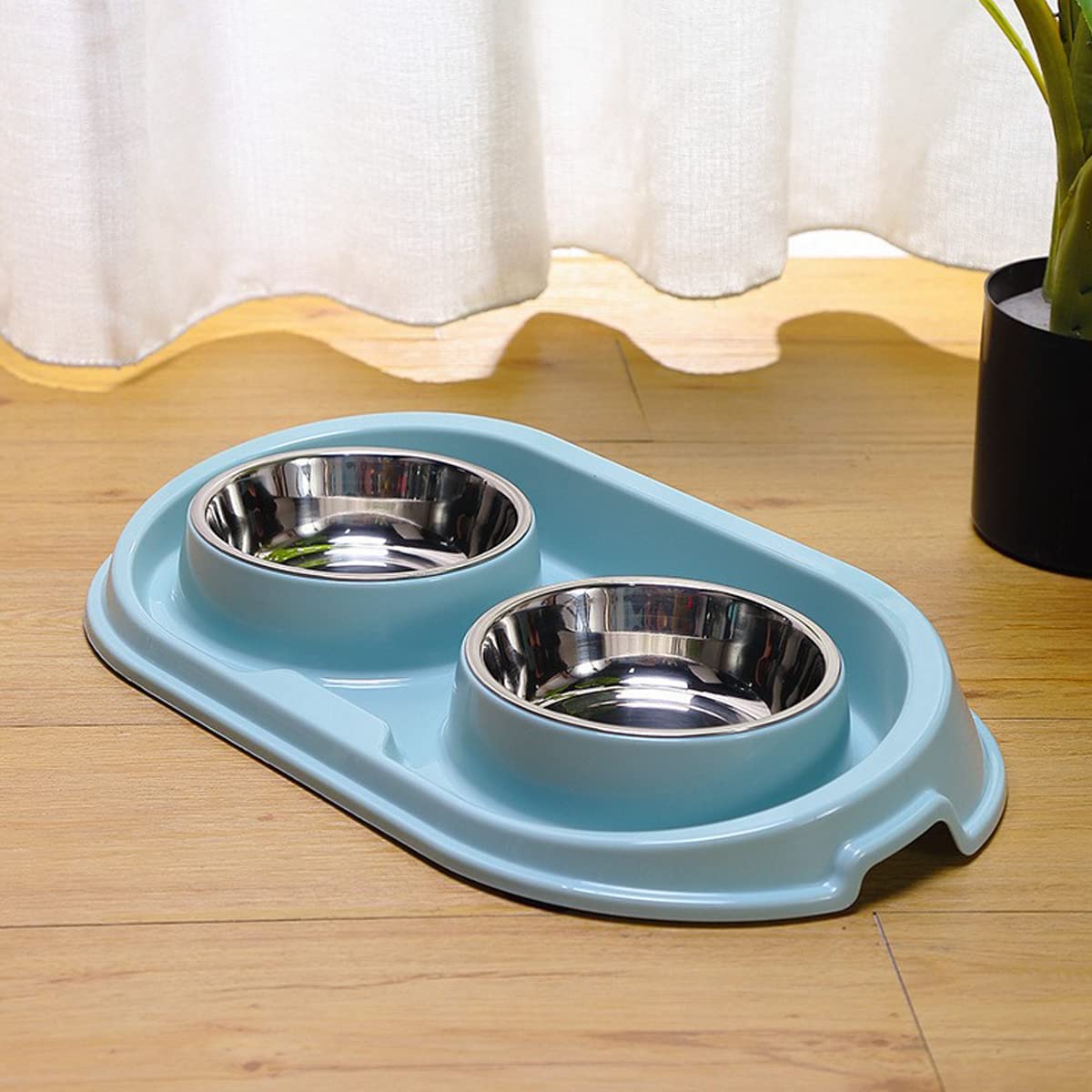 Cuencos dobles de comida para perros y gatos, cuencos de acero inoxidable para mascotas y cuencos de agua para perros con estación de polipropileno antideslizante y antiderrames, comedero de