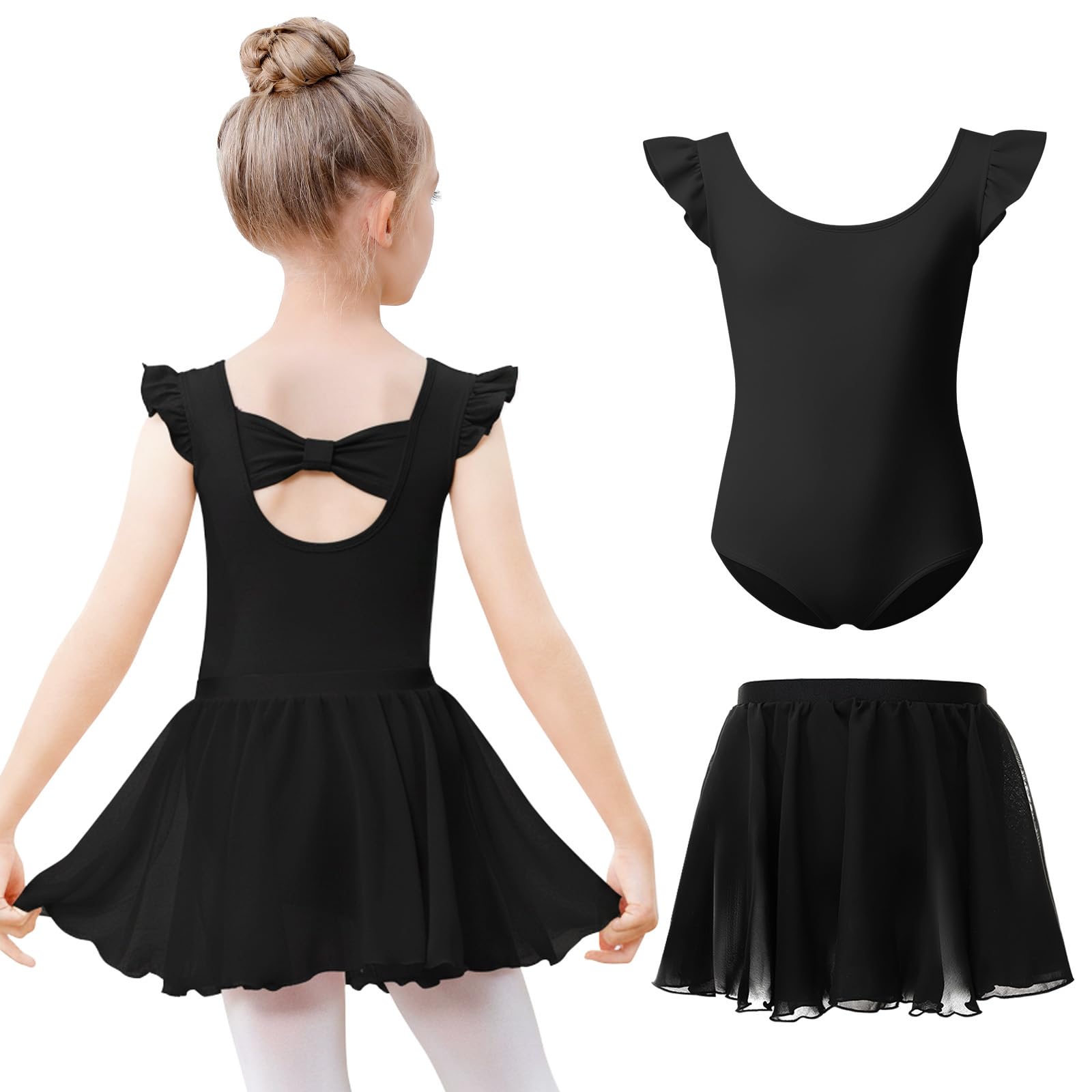 Justaucorps de ballet pour filles à manches flottantes en coton avec jupe amovible pour 3 à 11 ans