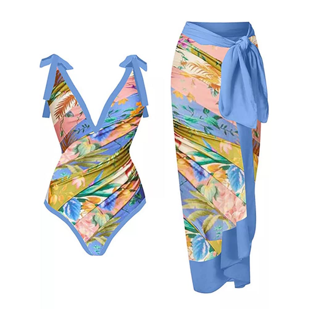 idopip Women's One Piece Swimsuit with Beach Cover up Wrap Skirt Sarong Retro Floral Print Bikini Set Two Piece Bathing Suit-picture-42