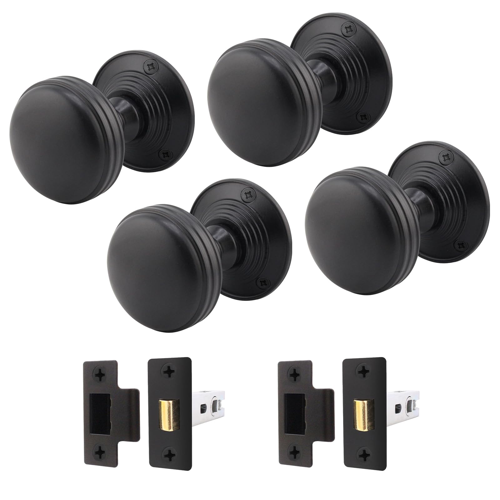 EAI Lined Door Knob Set Matt Black | 2 Pairs of Mortice Knobs (55mm) & Latch (76mm) for Internal Doors