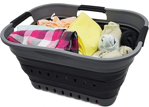 Miniatura 7 de SAMMART Cesta de plástico súper mini plegable de 3 asas de 19 L (5 galones), contenedor de almacenamiento plegable y organizador para ahorrar