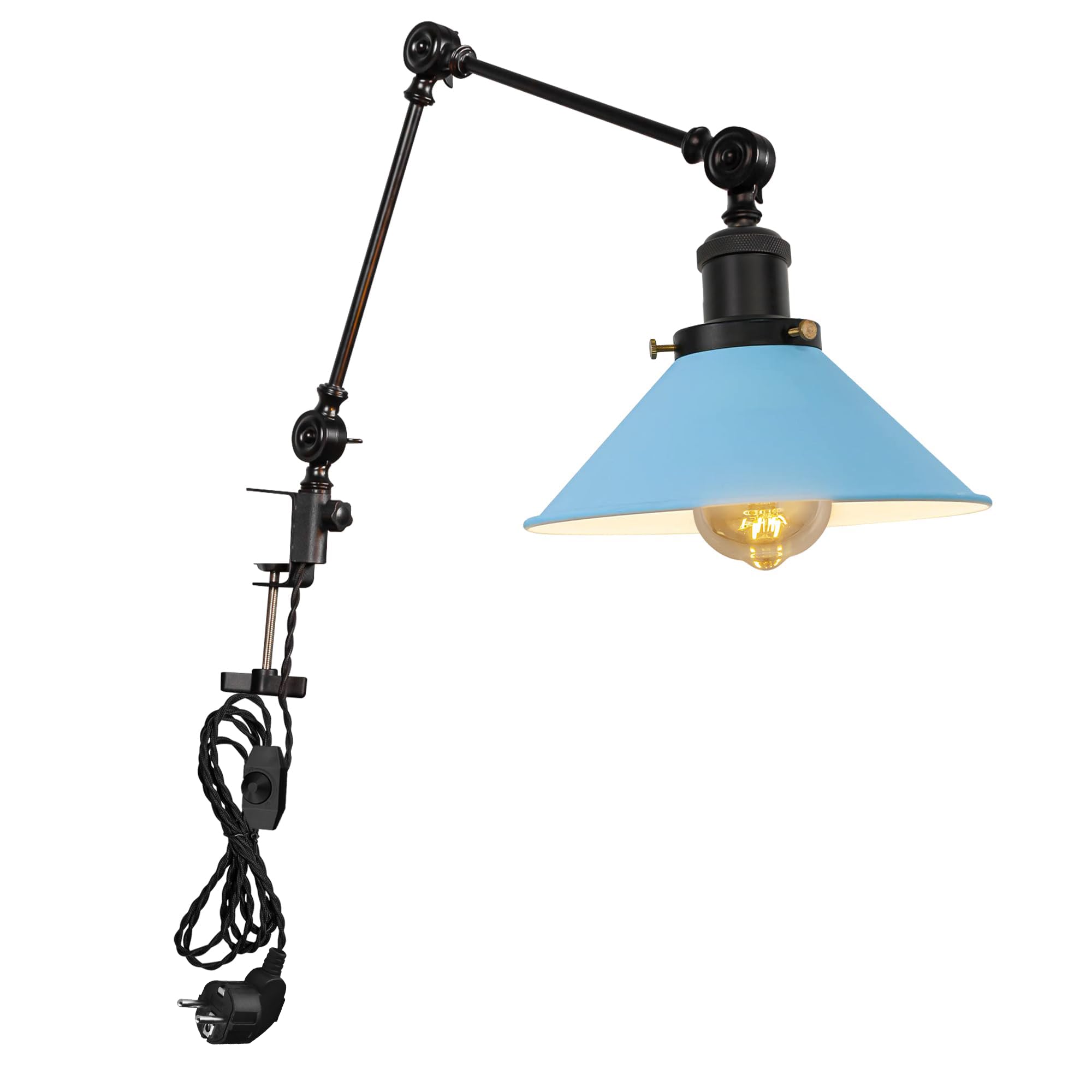 BD0173-BL - Lampada a morsetto industriale con 2,5 cavi interruttori, clip regolabile su lampada da lettura, dimmerabile, con braccio flessibile, per scrivania, comodino, scaffale, colore