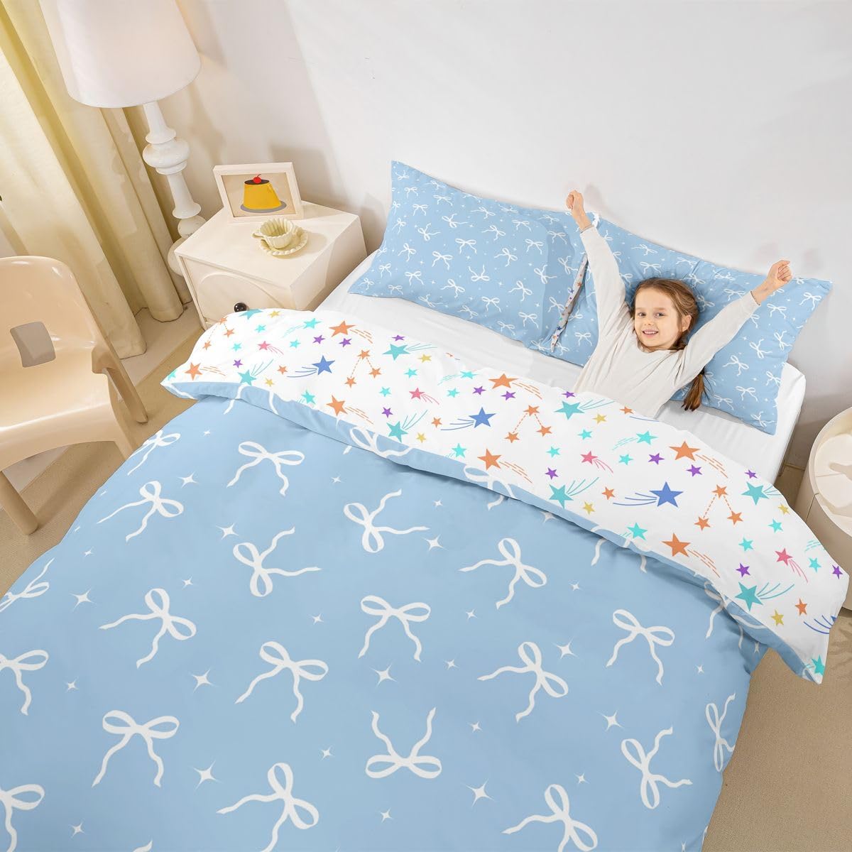 Erosebridal Blue Girly Bowknot Full Duvet Cover Pretty White Bowtie Comforter Cover Kids Girl Teen Coquette Ribbon Bows Bedding Set Sparkling Princess Bow Knot Bed Set