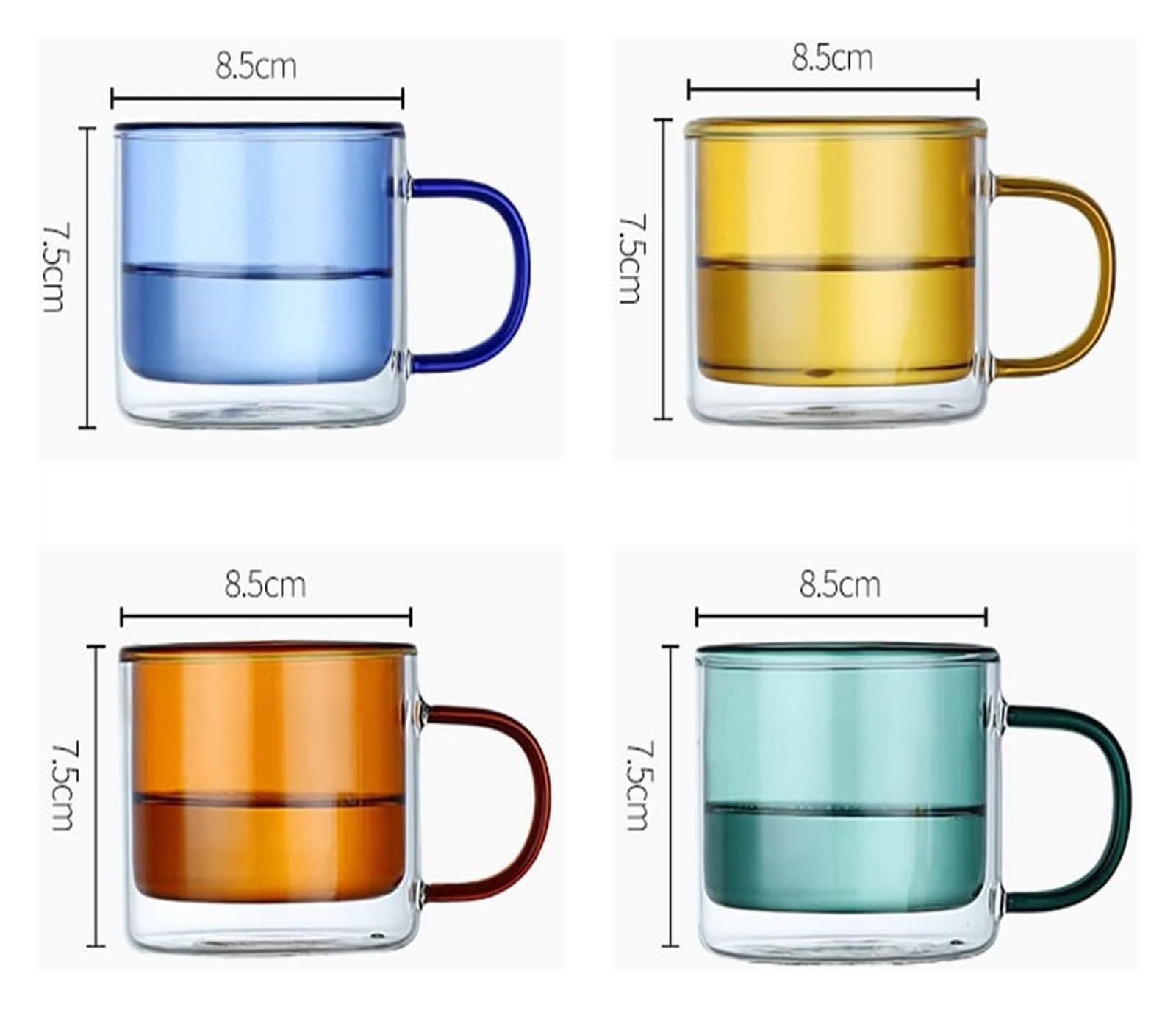Doppelwandiges Kaffeetassen-Set aus Glas mit Henkel, wiederverwendbare isolierte Kaffeetasse, farbige Trinkgläser, Weingläser, Glasgeschirr, Trinkgläser, Teetasse, 250 ml/9 oz(Four Piece Set)