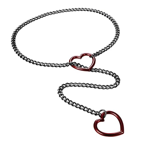 JewelryWe Choker Halskette Damen Panzerkette: Edelstahl Kubanische Kette Y Tropfen Lange Halskette mit Herz Kreis Anhänger Sexy Punk Rock Verstellbare Kette Halsband - Herz - Rot - 60cm