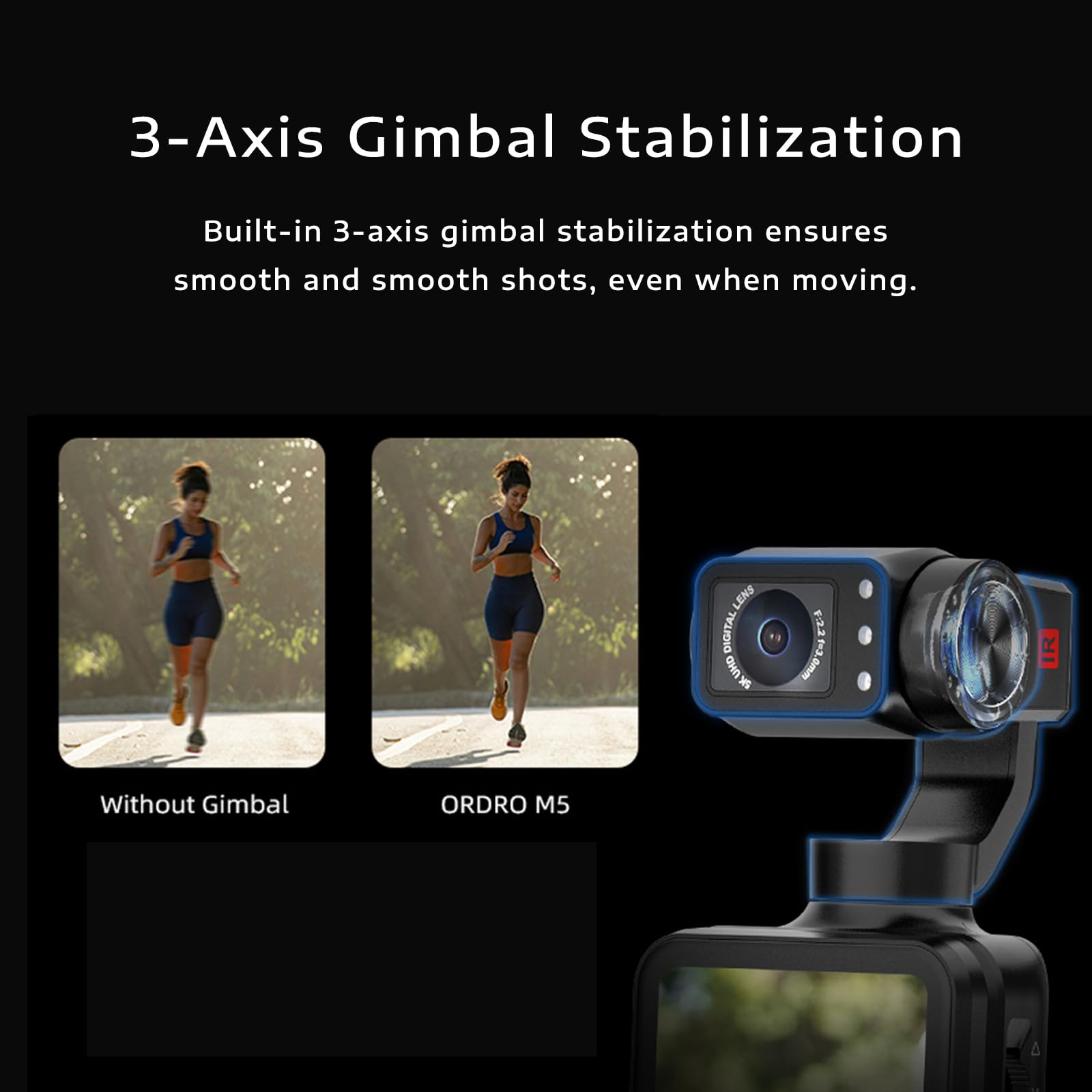 Bundle Caméra Vlog ORDOR M5 – 5K 30FPS, Écran Tactile Rotatif 3.5″, Stabilisation 3 Axes, Suivi Facial, WiFi, Noir