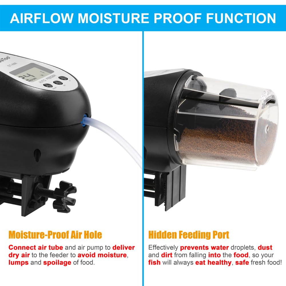 Diagram illustrating the moisture-proof air hole and hidden feeding port of the DaToo fish feeder.
