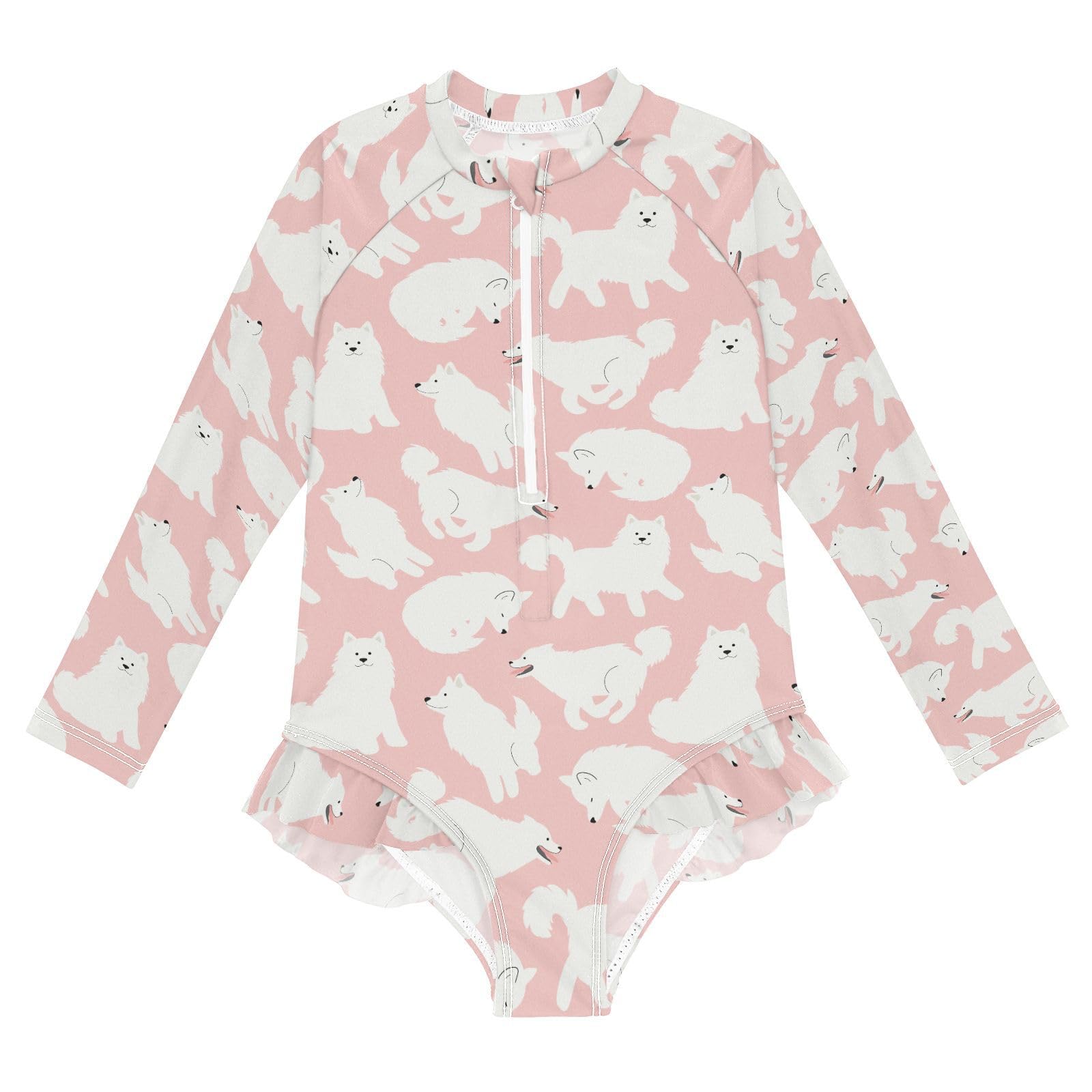 JHKKU Girls Long Sleeve Cute Samoyed Dog Swimsuit One Piece Zipper Rash Guard Bathing Suit with UPF 50+ Sun Protection Ruffle Swimwear 3T