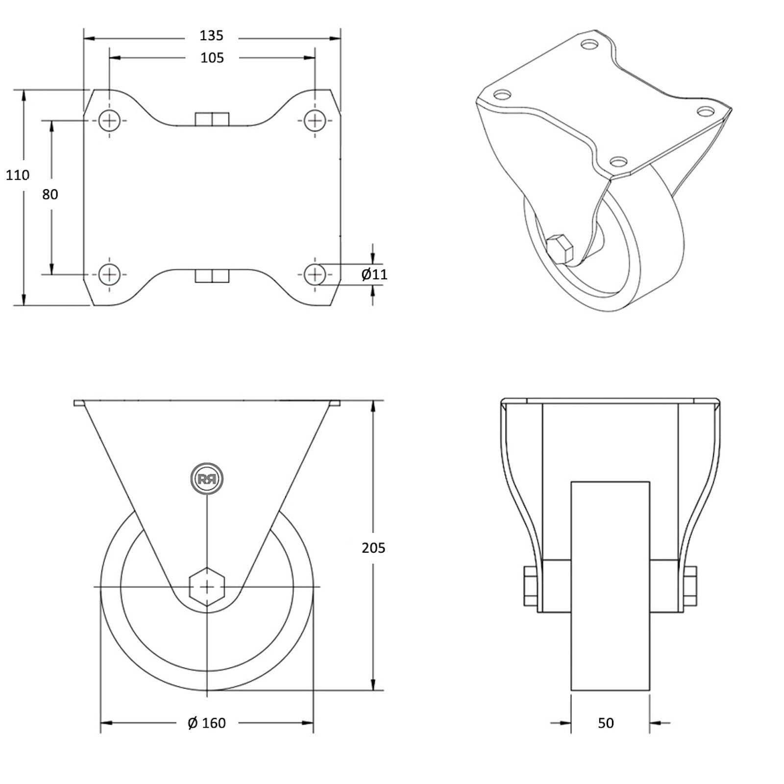 Roulette fixe diamètre 160 mm polyuréthane FORTHANE® - 880Kg