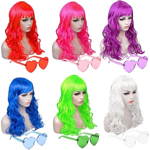 DIYI Long Colorful Wigs 6 Pack Wavy Party Wigs Curly Color Wigs for Women Bachelorette Party Decorations Supplies Favors – Extra 6 Pack Neon Party Glasses Add (Blue, White, Green, Red, Purple, Pink)