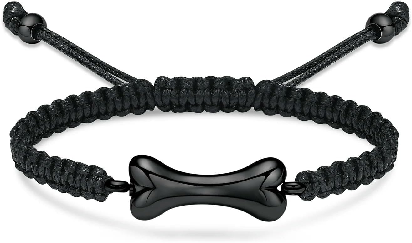 Dog Bone Urn Bracelet Ashes Keepsake Cremation Jewelry Braided Rope Urn for Pet Ashes Adjustable Memorial Bangle Jewelry-Black