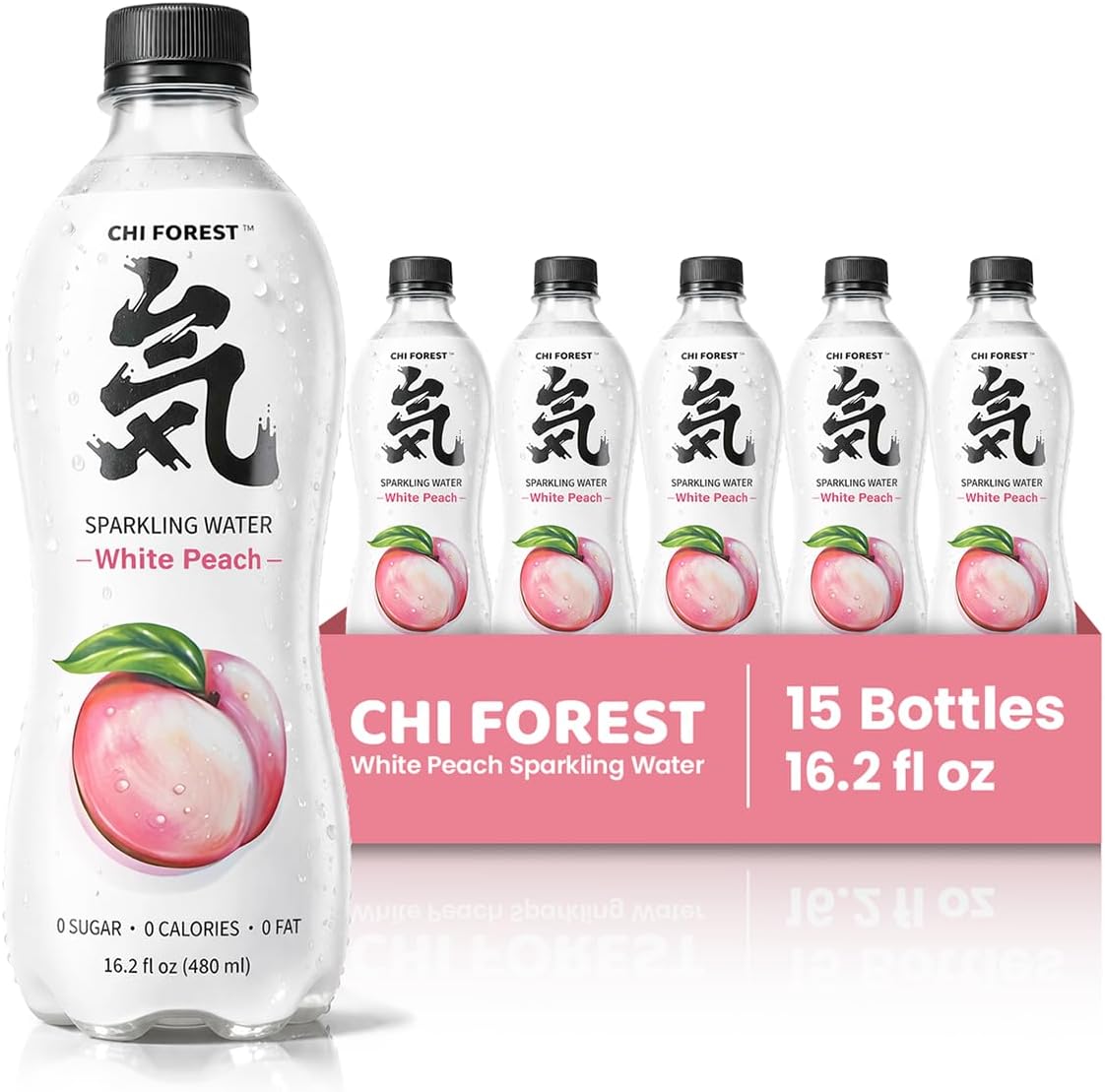 Sparkling Water, White Peach Flavored Bubbly Sparling Water in Bottle, 0 Sugar and 0 Calories Carbonated Water, 16.2 Fl oz(480ml), Pack of 15