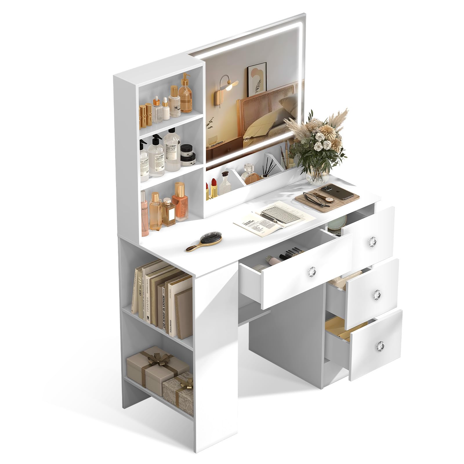ANCOLOV Large Dressing Table with LED Mirror and Side Cabinet, Makeup Vanity Desk with Lights, 4 Drawers & 6 Storage Shelves, 3 Color Lighted Vanity Table Girls Makeup Desk 90cm, Diamond Handles