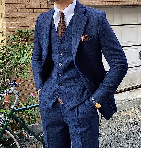 Men's Suit 3 Piece Wool Tweed Herringbone Notch Lapel Wedding Suits Tuxedo Set Jacket Blazer Vest Pant3