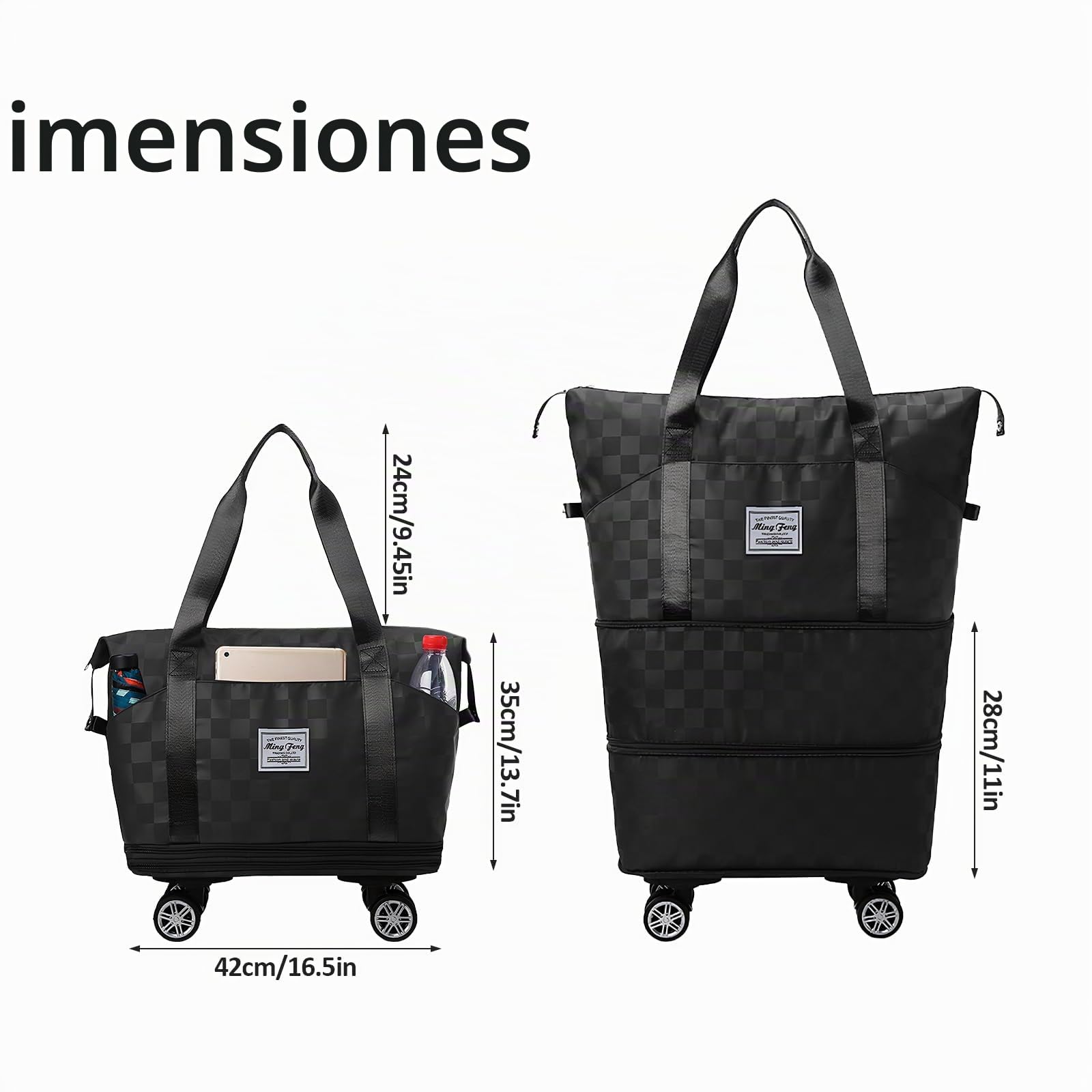 Dokeno Genérico Bolsa de Viaje Plegable con Ruedas, Bolsa de Fin de Semana Gran Capacidad, Impermeable para Mujeres y Hombres (Negro)
