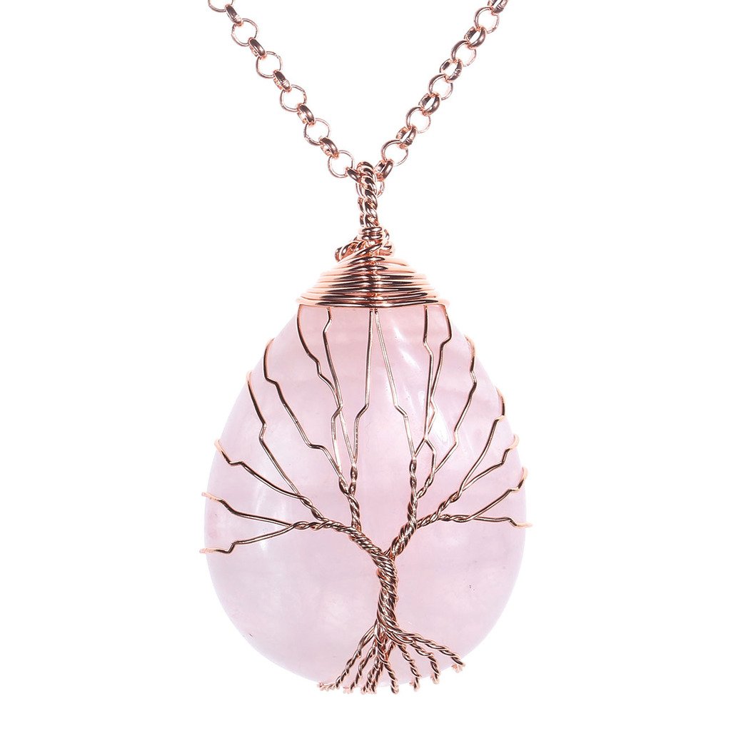 Jovivi Vintage Tree Of Life Necklace - Natural Gemstone Pendant (Amethyst/Rose Quartz), Copper Wire Wrapped, 24" Chain - View #9