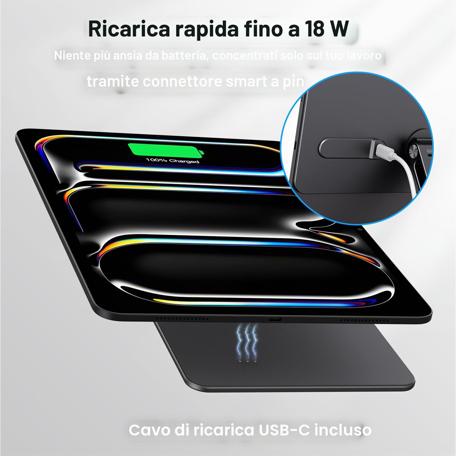 Supporto magnetico per iPad con carica senza fili 18W, 360 portacarte rotante in alluminio per iPad Pro M5/M4, serie regolabile di montaggio da tavolo (M5/M4-11inch)