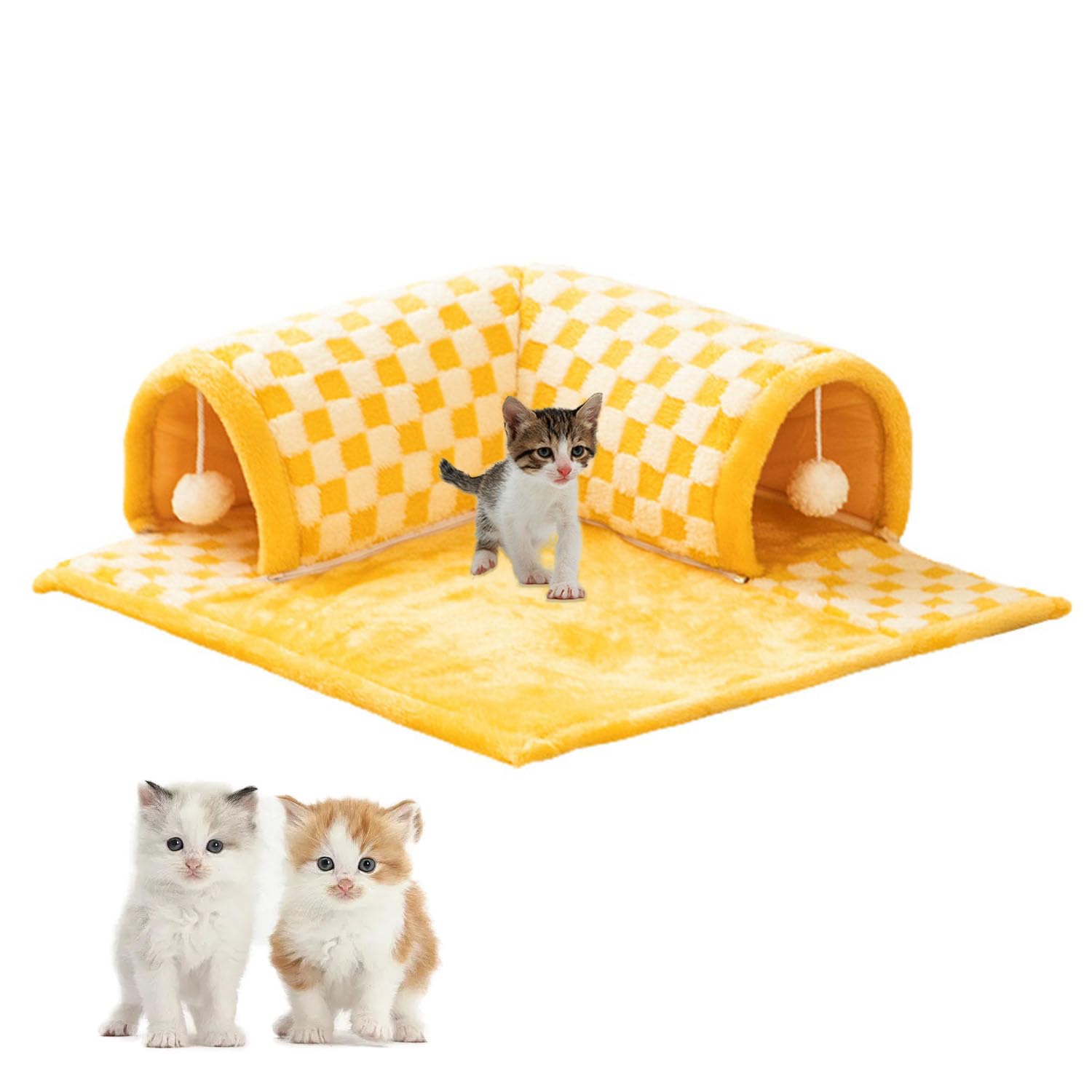 Weyshht Yellow 2-In-1 Funny Plush Plaid Checkered Cat Tunnel Bed, Winter Pet Plush Bed Cats, Tunnel Bed For Indoor Multiple Cats, Interactive Cat Toy For Indoor, For Puppy, Ferret