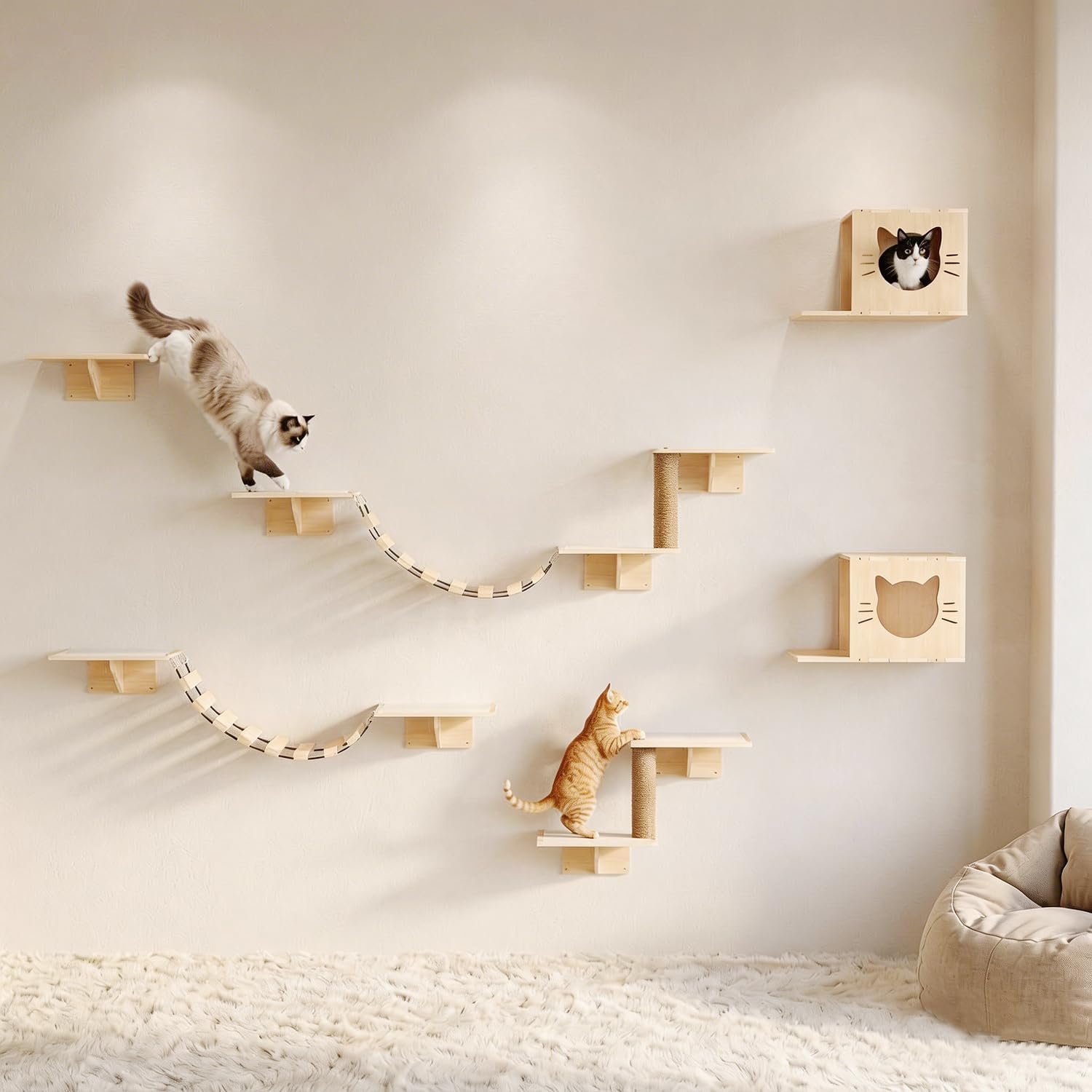 COZIWOW Cat Wall Shelves, 8-In-1 Cat Wall Furniture Set, Wood Large Cat Shelves for Wall with Scratching Post, Indoor Cat Climbing Wall Activity Center for Climb, Play, Rest, and Scratch, Natural Wood