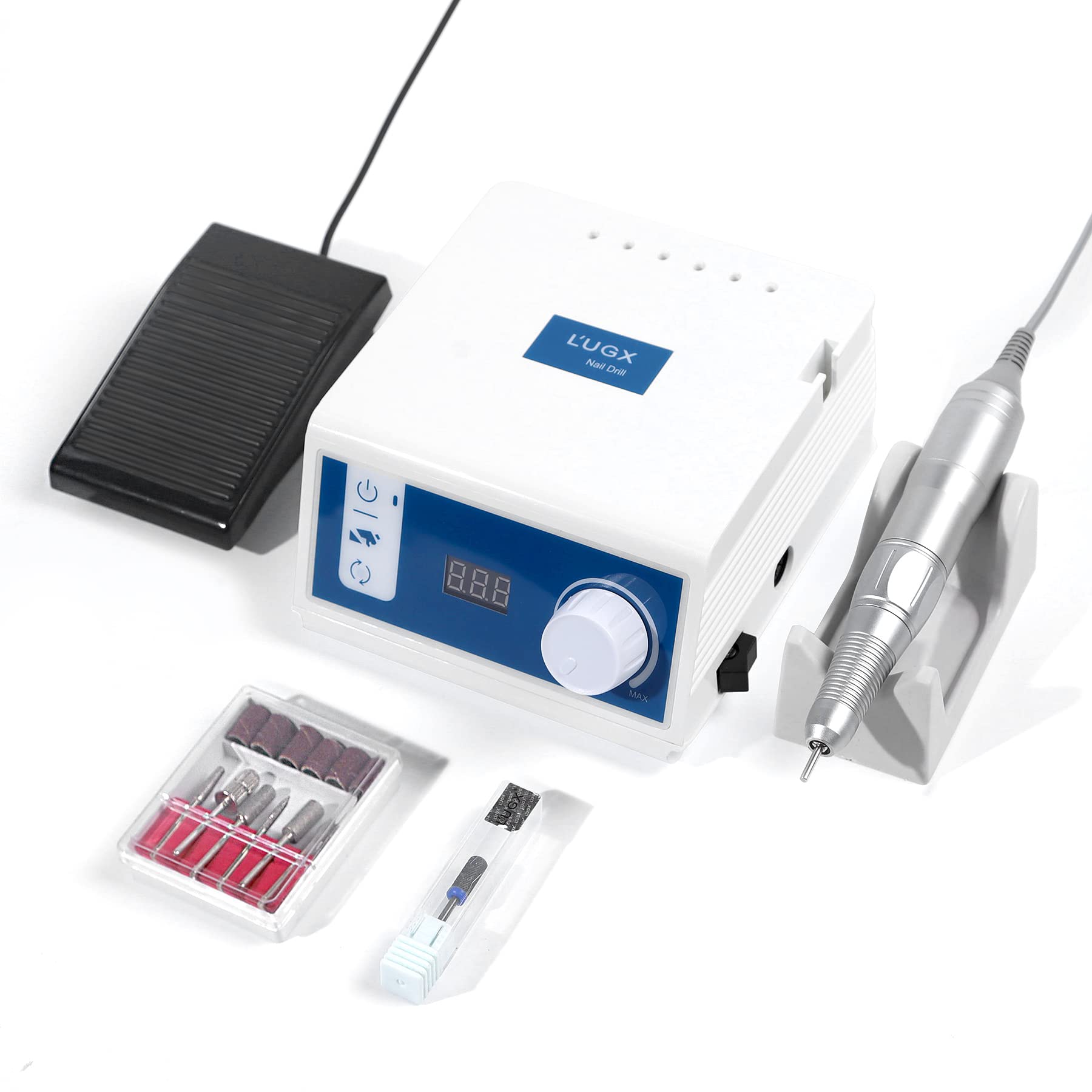 L'UGX Professional Nail Drill, 45000RPM Brushless Electric Nail File Manicure Pedicure with 7 Drill Bits, Perfect for Home Salon Use, Foot Pedal, Low