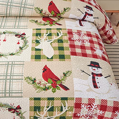 Christmas Quilts Twin Size Red Green Plaid Patchwork Bedding Lightweight Cardinal Bedspread Snowman Coverlet For Kids Girls Adults,1 Quilt 2 Pillow Shams #TOP3