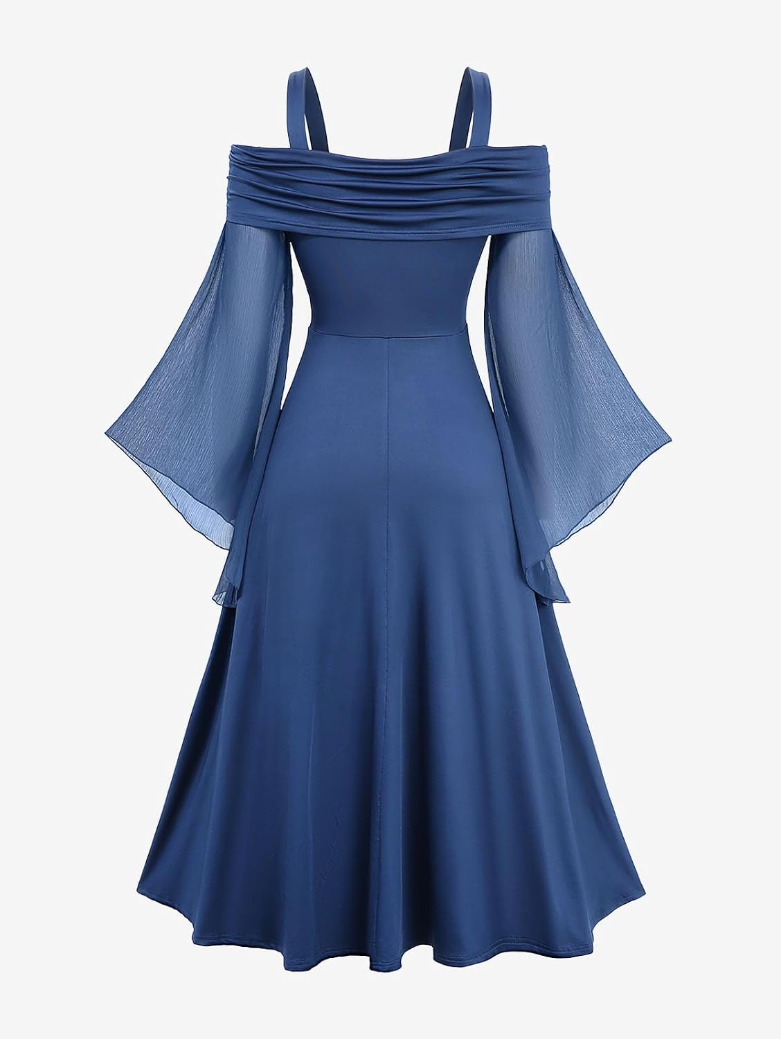 DRESSFO Gothic Punk Victorian Sheer Mesh Flare Long Sleeves Cold Shoulder Ruched Midi Dress