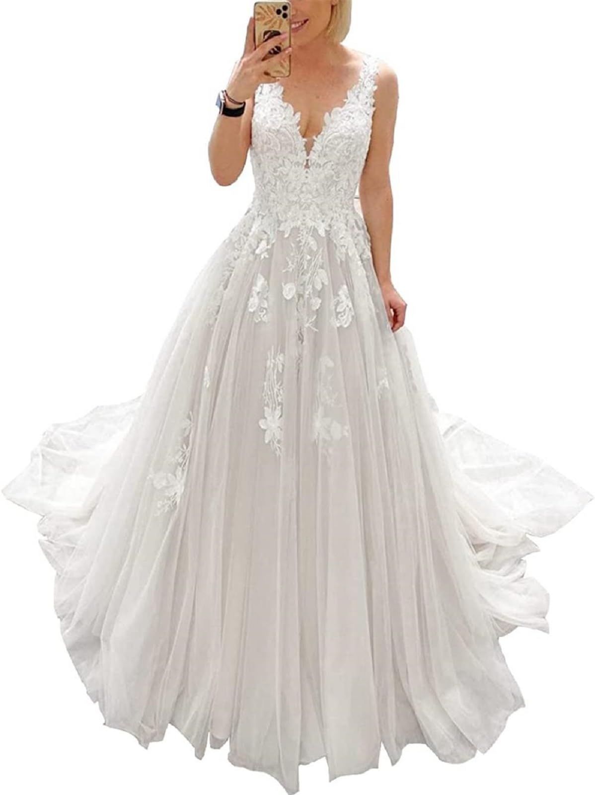 JAEDEN V-Ausschnitt Brautkleider Spitze Hochzeitskleider für Damen A-Linie Tüll Standesamt Kleid mit Schleppe