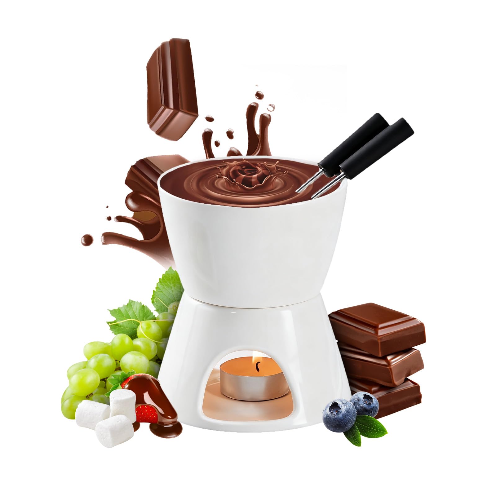 Set à Fondue Au Chocolat,Service à Fondue en Céramique Compatible Lave-Vaisselle,Comprend 2 Fourchettes et Un Petit Chandelier,Convient pour Les Repas en Famille, Fromage, Chocolat