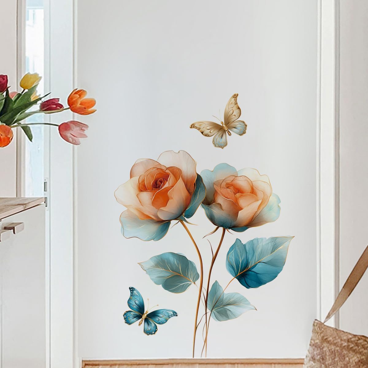Dreamy Colorful Flower Wall Decal Yellow Blue Blossoms Peel and Stick Wall Art Removable PVC Wall Sticker for Bedroom Nursery Living Room Home Decor
