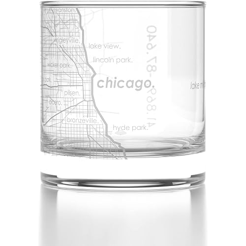 Engraved Chicago Illinois Map Rocks Glass, Old Fashioned Whiskey Glass (11 oz, Clear) Etched Whiskey Glass, Gifts For Whiskey Lovers