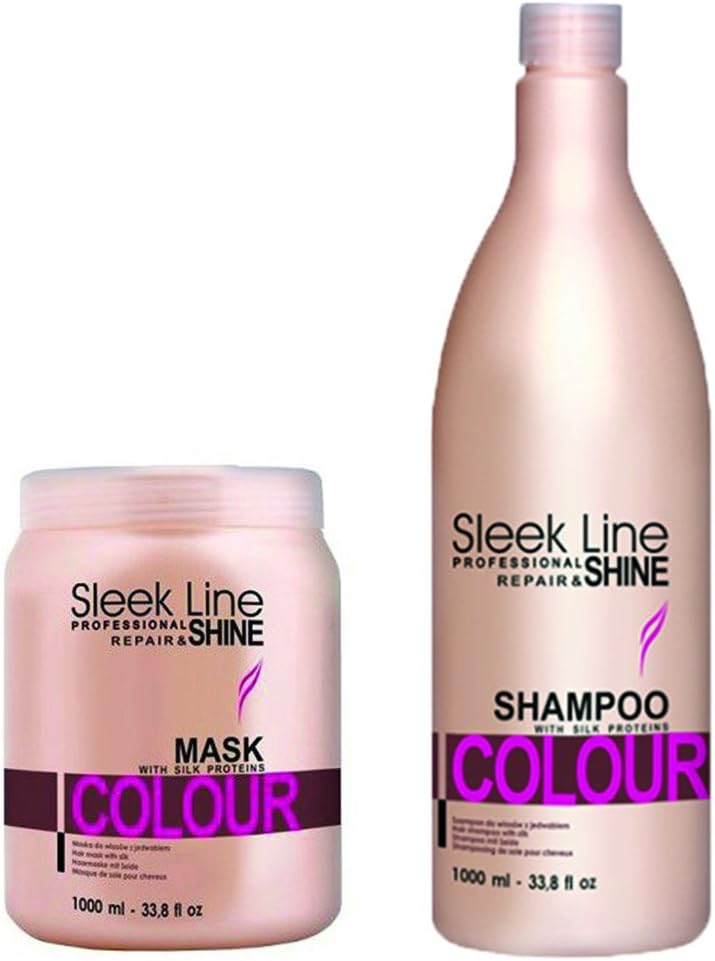 Stapiz Sleek Line Professional Repair & Shine Hair Shampoo + Mask with Silk Protein Colour | Szampon + Maska do Wlosow Colour 2 x 1000 ml SET with STAPIZ Hair Shampoo 15ml or Mask 10ml