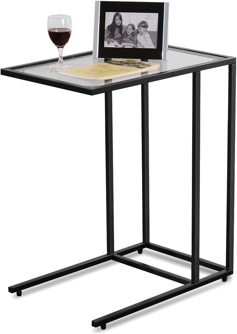 TANGKULA Sofa Side End Table, C Shaped Table Snack Table with Glass Top