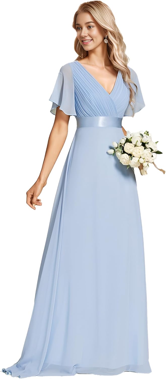 Ever-Pretty Women's Bridemaids Dress V Neck Short Sleeves A Line Chiffon Long Formal Dresses
