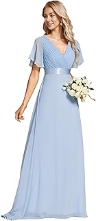 Women's Bridemaids Dress V Neck Short Sleeves A Line Chiffon Long Formal Dresses - Buy now