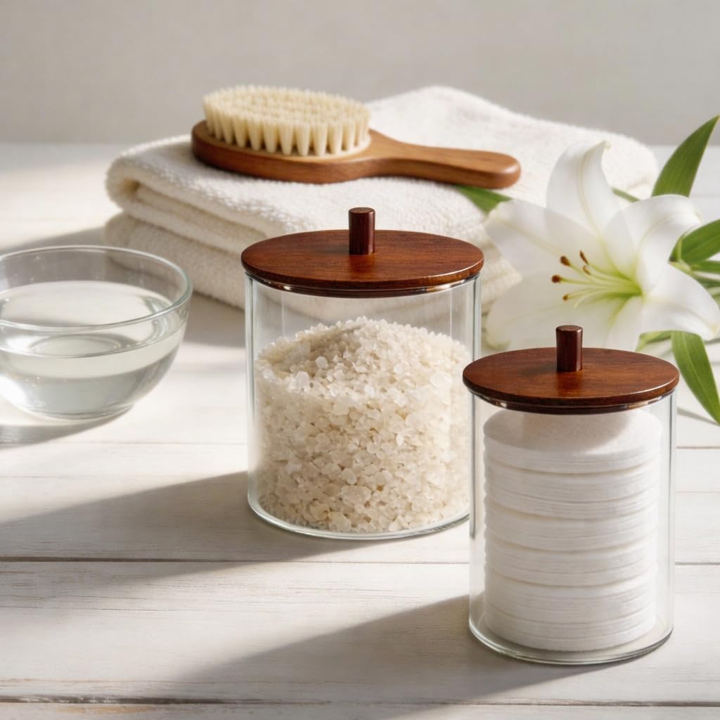 Glass Qtip Holder Dispenser Set - 15oz & 10oz Cotton Swab Holder with Acacia Wooden Lids, Bathroom Canisters Apothecary Jar Vanity Storage Organizer for Cotton Balls, Floss Picks (6 Pack)