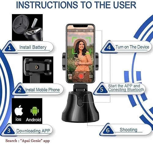 Miniatura 6 de Robo 360 Rotation Smart AI cardán, soporte de seguimiento automático de cara y objetos, 360 manos libres, fotos y grabación de video en vivo para