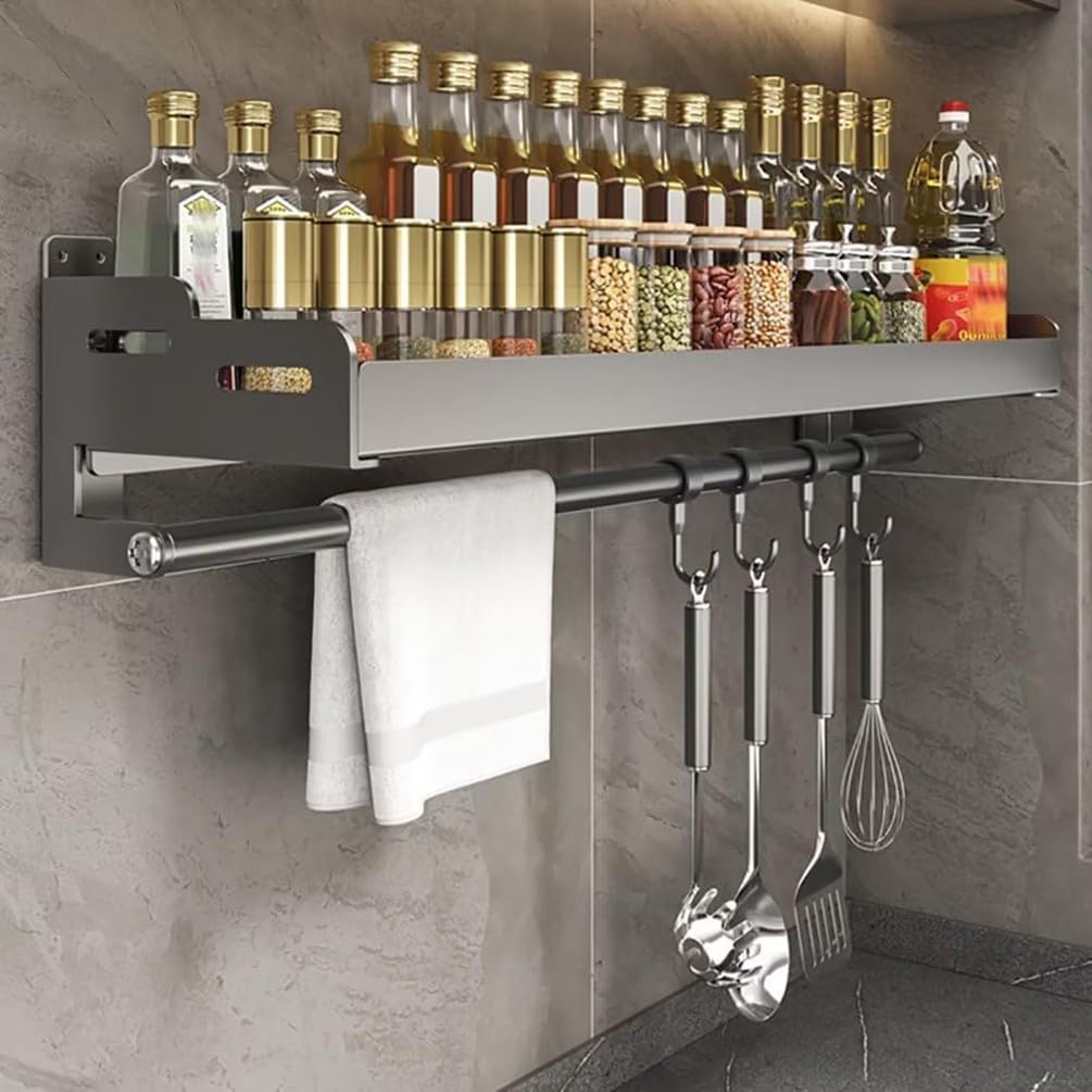 DFGHNBVC Wall Mounted Kitchen Shelf With Roll Holder Hooksno Drill Stainless Steel Spice Rack Orga For Hanging Spices Utensils 60Cm Spacesaving Solution