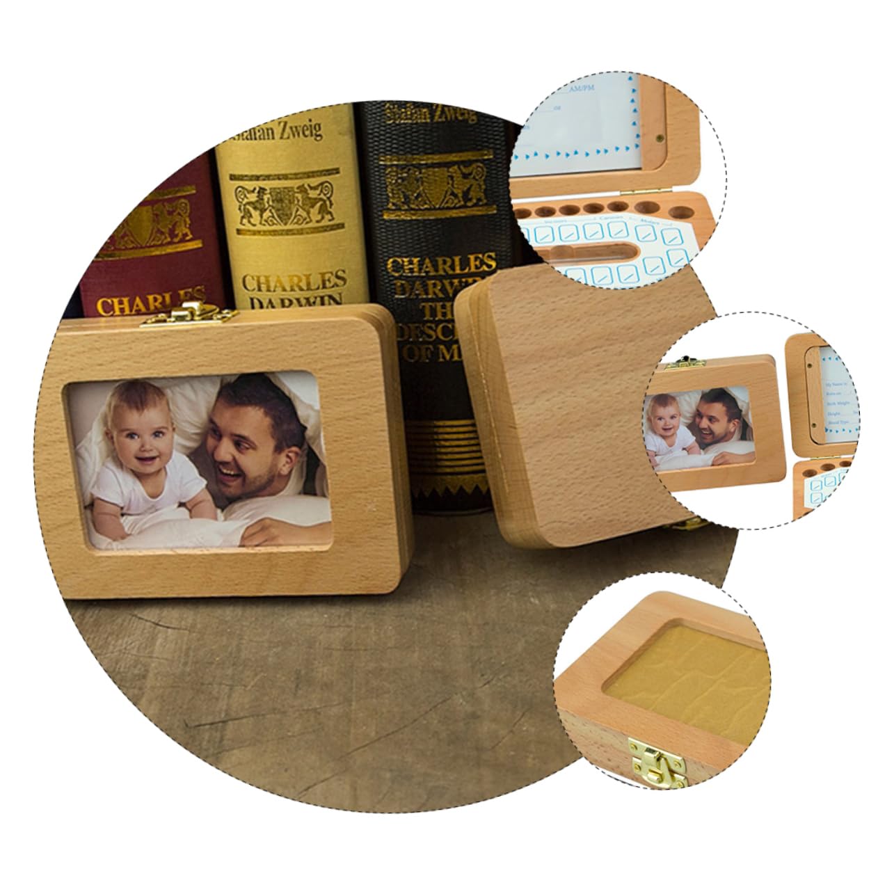 Caja para Dientes de Leche de Madera 1 Juego para Bebés | Incluye Stickers, Guarda Fotos de Ñiño y Datos de Nacimiento, Espacio para Pelo Fetal, Formato Infantil