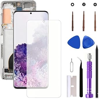 AMOLED for Samsung Galaxy S20 Plus 5G LCD Screen Replacement Galaxy S20Plus SM-G986U SM-G986B Display Screen Touch Digitizer Assembly Supports Fingerprint with White Frame+Soft Film+Tools