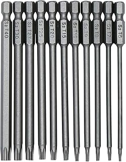 ToKinCen Torx Head Screwdriver Bit Set 11 Pcs 100mm, 1/4 inch Hex Shank T6-T40 S2 Steel 4 Inch Long Security Tamper Proof Screwdriver Drill Tool Kit