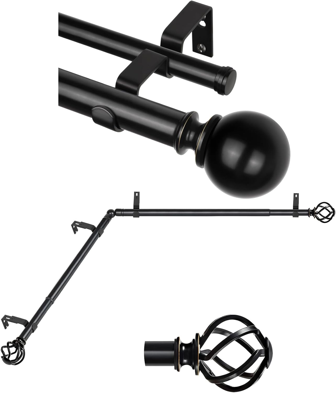 KAMANINA Black Double and Corner Curtain Rod 72 to 144 Inches with Decorative Twisted Cage and Round Finials
