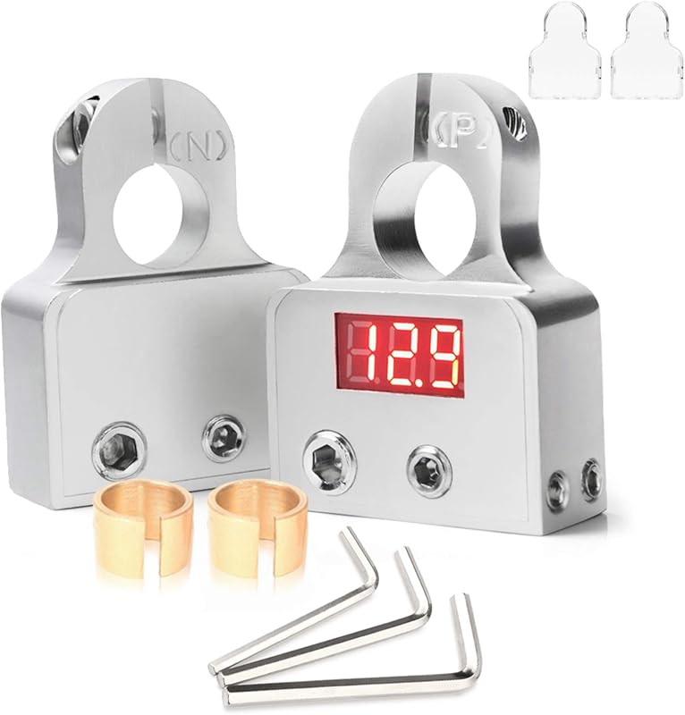 Terminais de bateria automotiva MNJ Motor com voltímetro 12–24 V e conexões 0/4/8 AWG – 1 par