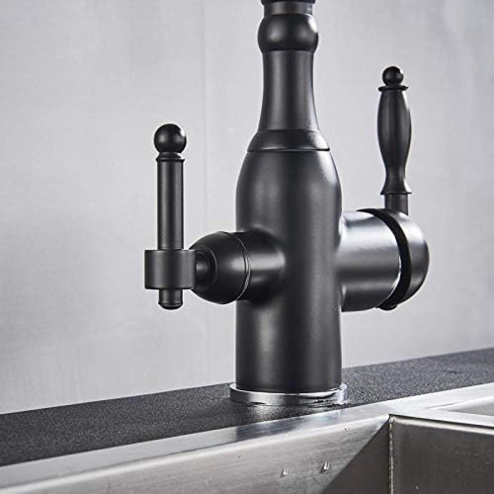 Rubinetto per lavello da Cucina Nero Opaco con Doppia Maniglia, Miscelatore per Bevande con Filtro per Acqua Pura, Rubinetto per Acqua Calda e Fredda, Elegante Design a Due beccucc