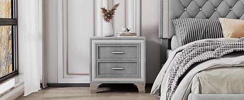 Miniatura 8 de Mesita de noche mesa auxiliar con 2 cajones hecha de madera de ingeniería y tela de terciopelo con patas de metal, adecuada para dormitorio,