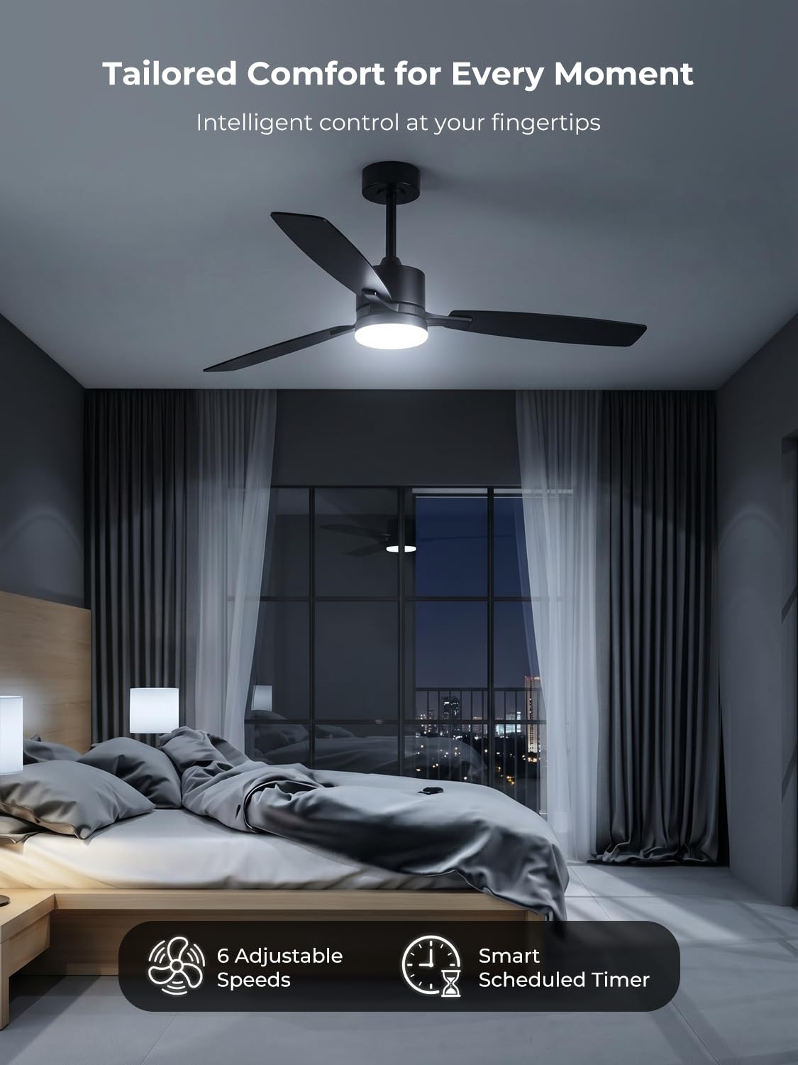 Deckenventilator mit Beleuchtung 132 cm, Leiser DC-Motor, 30W LED Dimmbar, App & Fernbedienung, Holz-Flügel Wendebar, Deckenlampe mit Ventilator für Schlafzimmer & Wohnzimmer, Schwarz