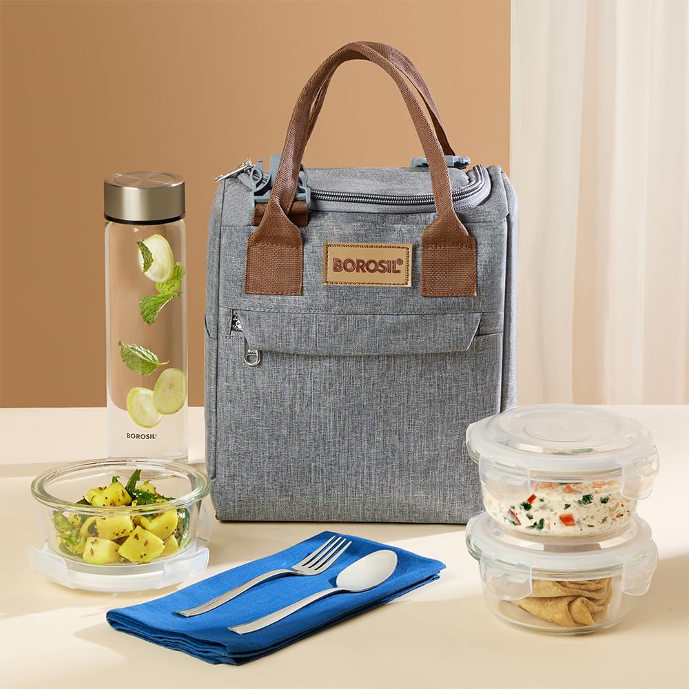 Borosil Pro Plus 7pc Borosilicate Glass Lunchbox | 3pc (400ml) + 1 (550ml) Glass Bottle + Fork, Spoon Set with Mat | Microwave & Dishwasher Safe, Leakproof | Made in India Tiffin for Office, School (B0D7S3BZWS) Amazon Price History, Amazon Price Tracker