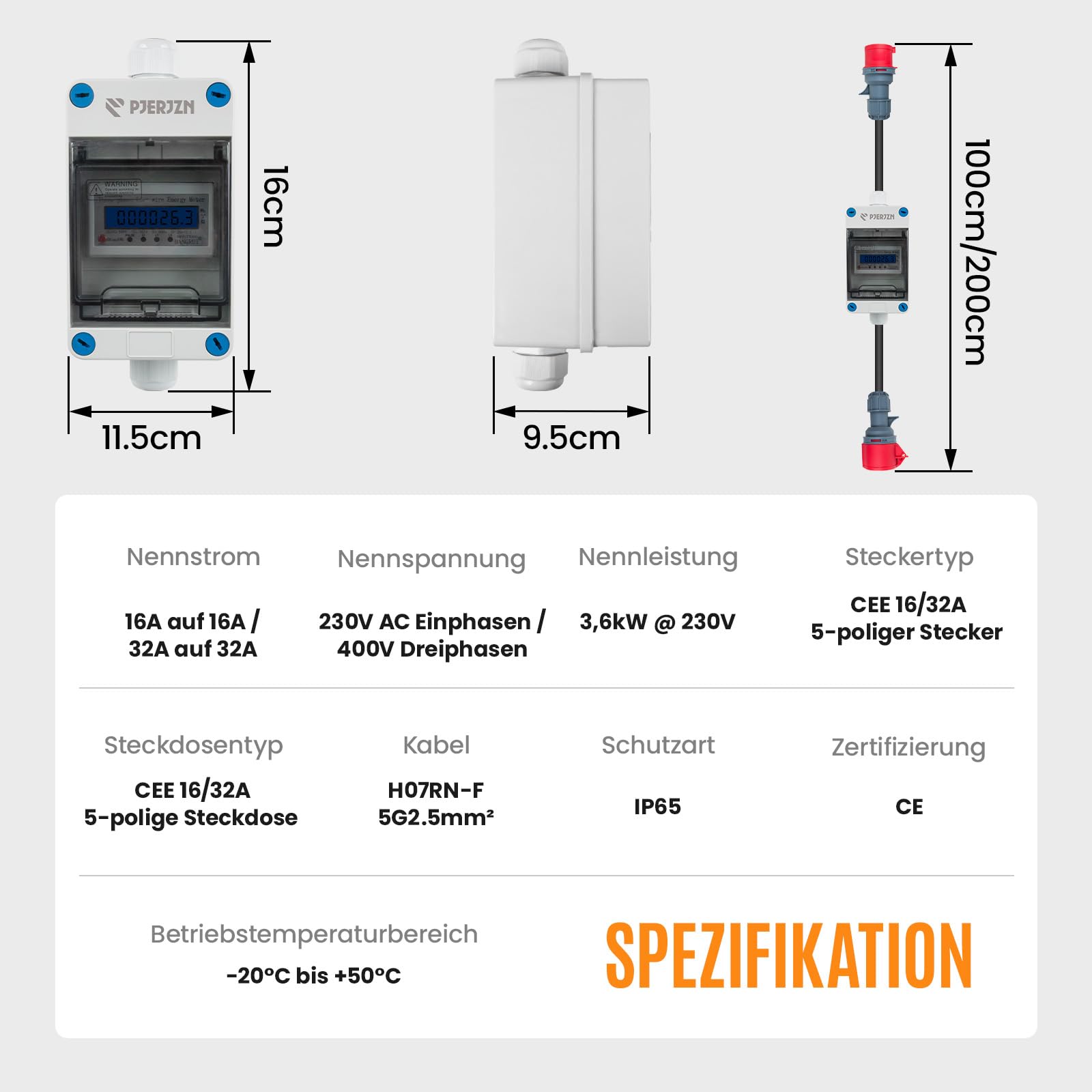Contador de corriente trifásica de 3 fases, 32 A, 400 V, con enchufe CEE y acoplamiento, cable H07RN-F de 2 m, contador intermedio para enchufe, caja de pared de 11 kW y obras