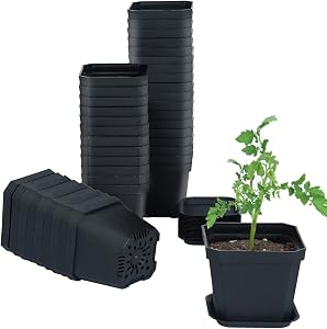 30Pcs 4" Nursery Pot with Saucers Black, Square Flower Planting Pots | Thick Plastic Plant Seedling Pots, Seed Starting Pots