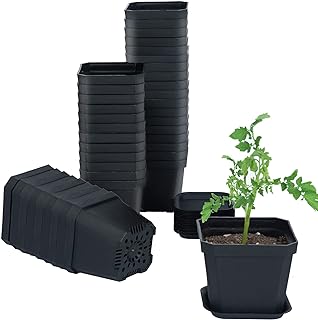 Foxany 4" Nursery Pot, 30 Pcs Thick Plastic Square Flower Planting Pots, Plant Seedling Pots, Seed Starting Pots with Saucers, Black